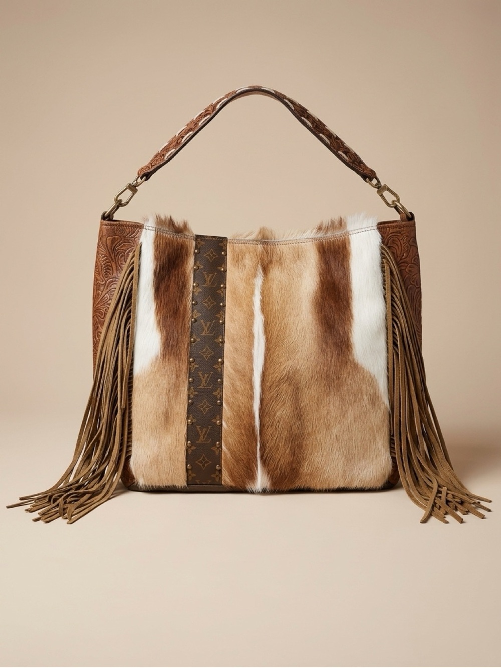 KEEP IT GYPSY LV Springbok Hide Brown Fringe Shoulder Bag